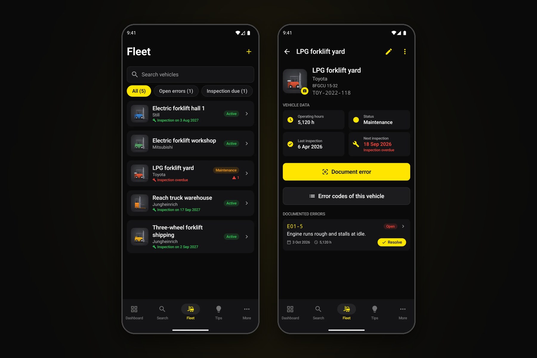 ForkScan Pro app: fleet and truck with inspection dates