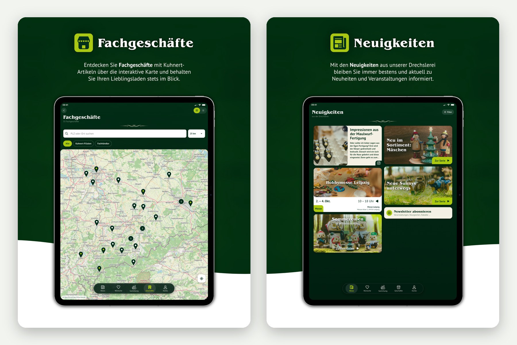 Kuhnert Sammel-App auf dem iPad: Händlerkarte und Neuigkeiten