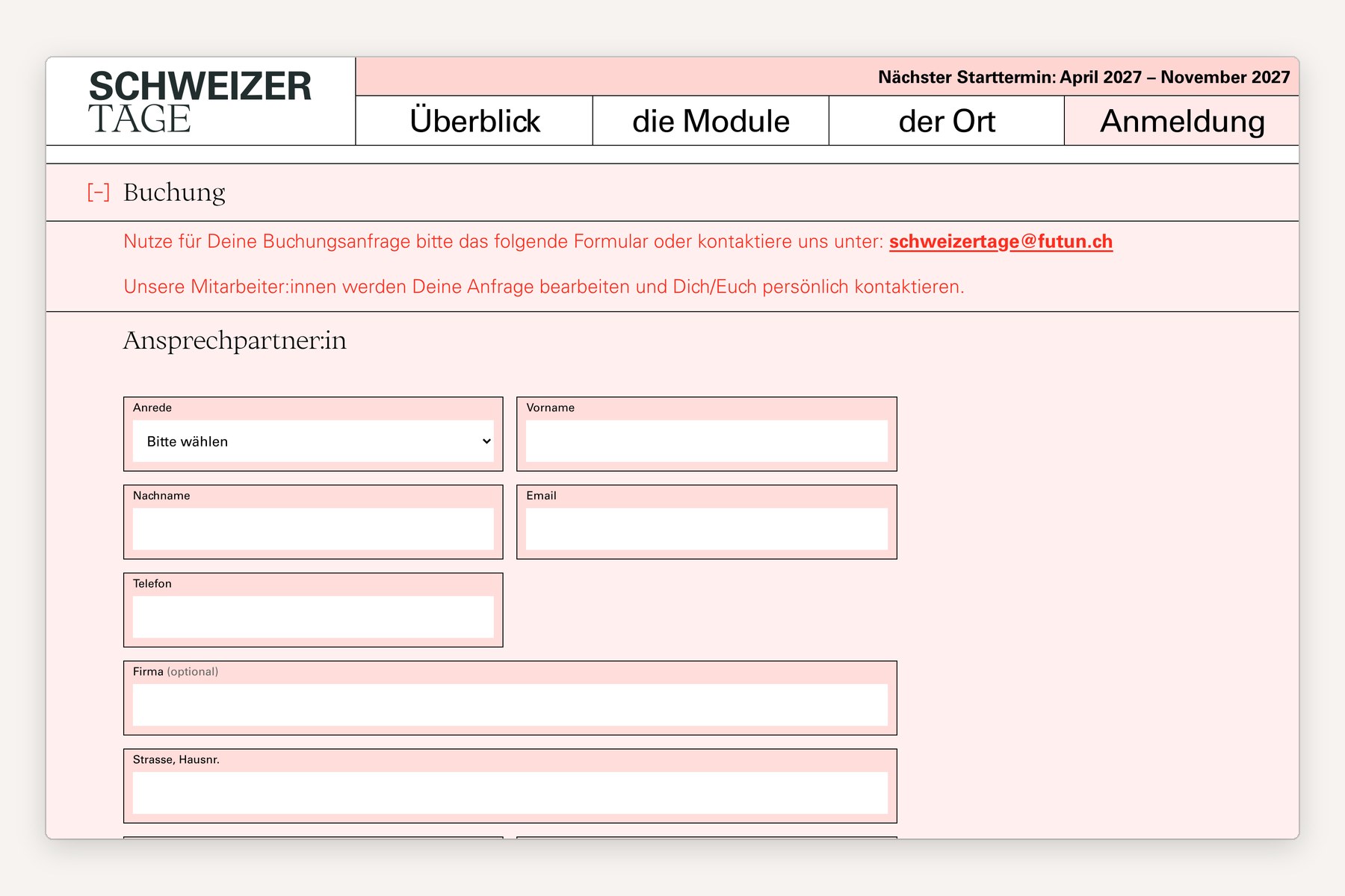 SCHWEIZER TAGE: Buchungsformular